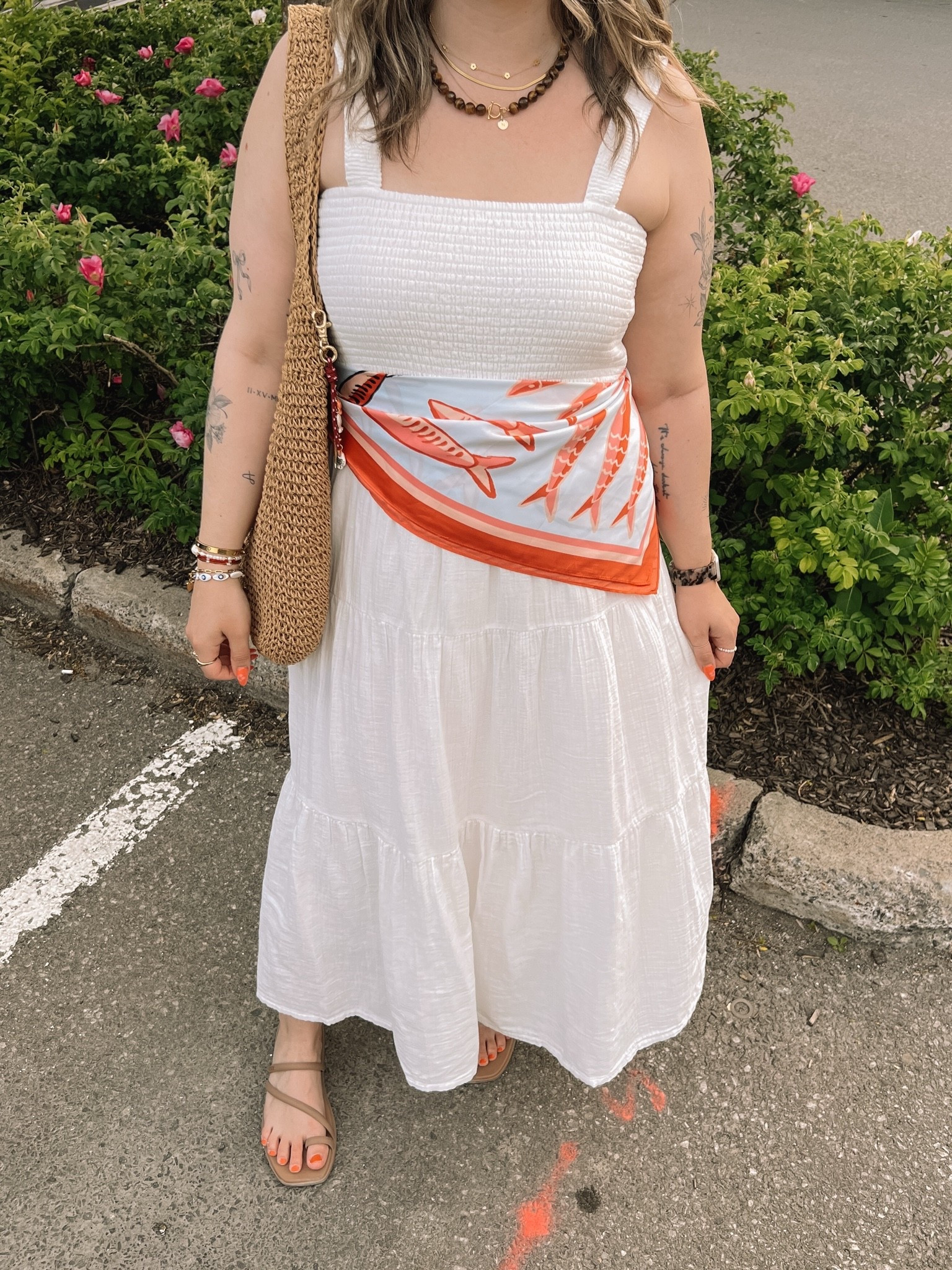 Summer date night outfit! Wearing my usual L in the white maxi dress. Crocs sandals are super comfy, I’m a 9.5-10 and wear a 10. Canadian scarf & crocs links are under similar products

#LTKsummer #LTKdresses #LTKmidsize