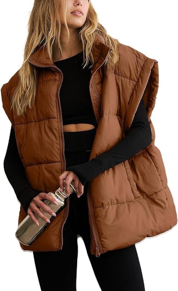 Women's Oversized Puffer Vest Lightweight Warm Cap Sleeve Puffy Bubble Outerwear Vests with Pocke... | Amazon (US)