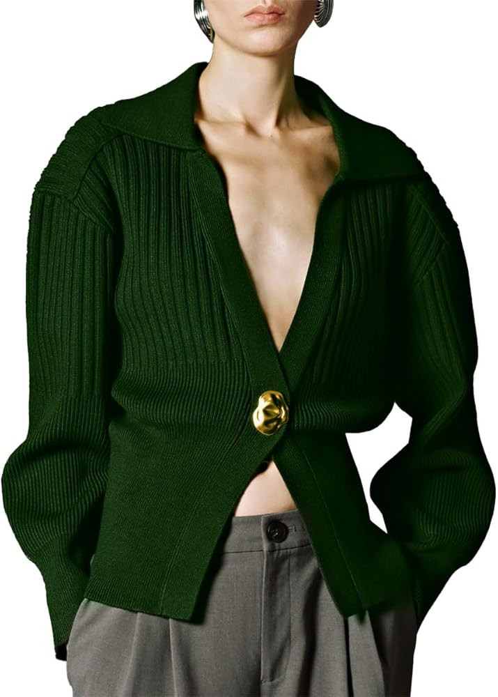 URBAN REVIVO Women's Cardigan V-Neck Lapel Long Sleeve Knitted Cropped Casual Sweater with Metal ... | Amazon (US)