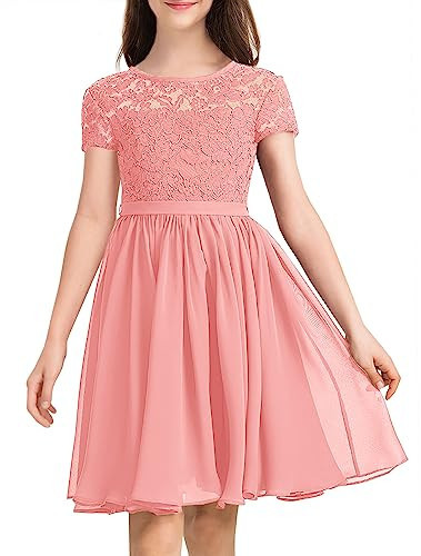 YOVION Flower Girls Dress Crew Neck Elegant Lace A-Line Formal Wedding Party Midi Dresses for 6 Years Pink | Amazon (US)