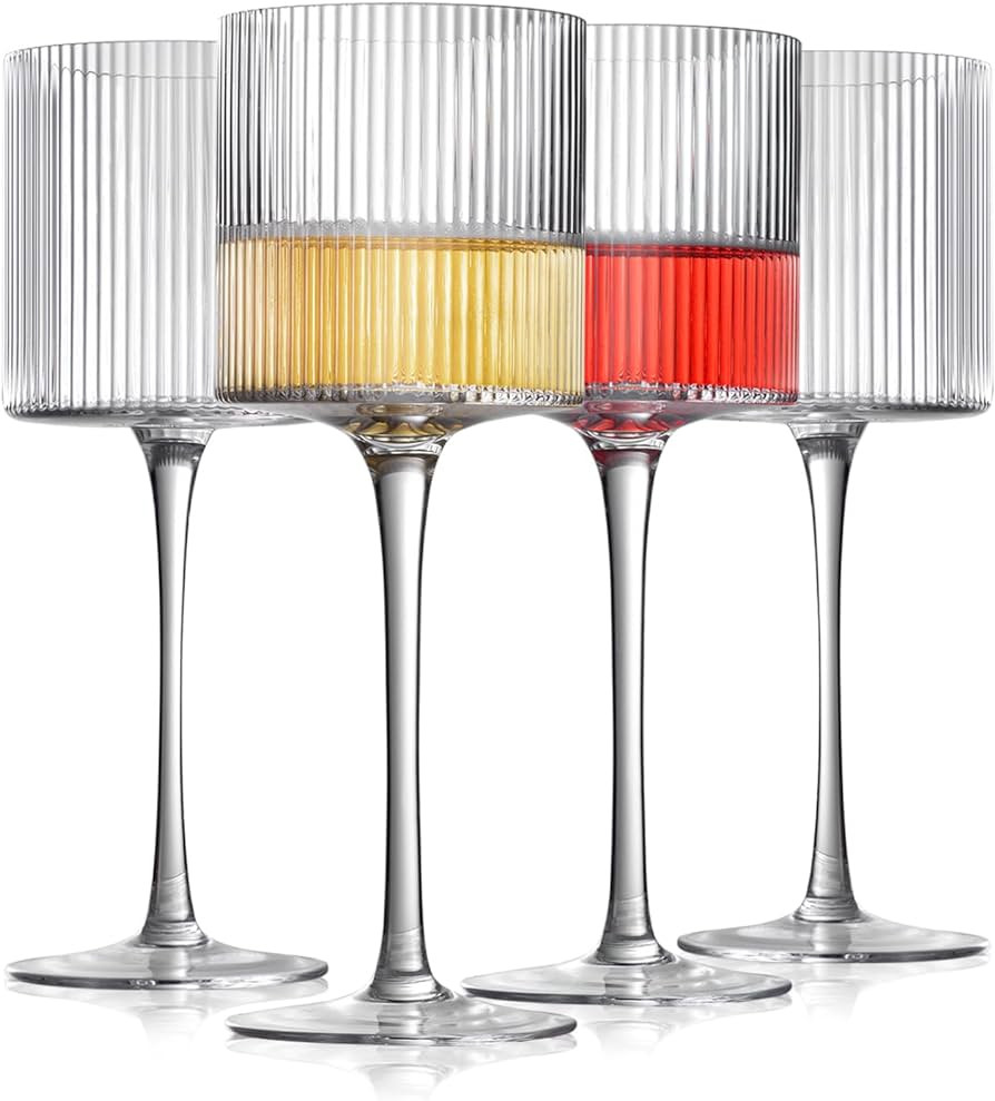 Square Wine Glasses Set of 4, Elegant Ribbed Design Wine Glasses 12.5oz, Long Stem Unique Modern ... | Amazon (US)