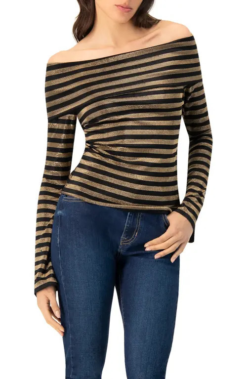 IVONNE Bardot Neckline Striped Long Sleeve Blouse in Black at Nordstrom, Size Medium | Nordstrom