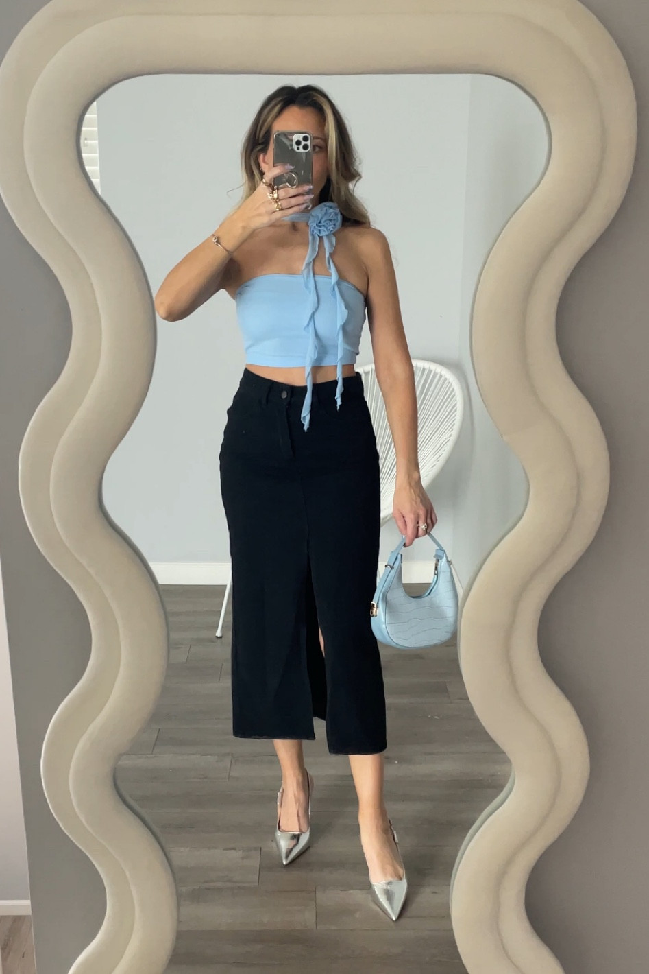 Shein outfit for Summer. Black denim maxi skirt and rosette top. #shein #denimskirt #denimmaxiskirt #sheinoutfit #sheinsummer #revolve #princesspolly 

#LTKsalealert #LTKFind #LTKunder50