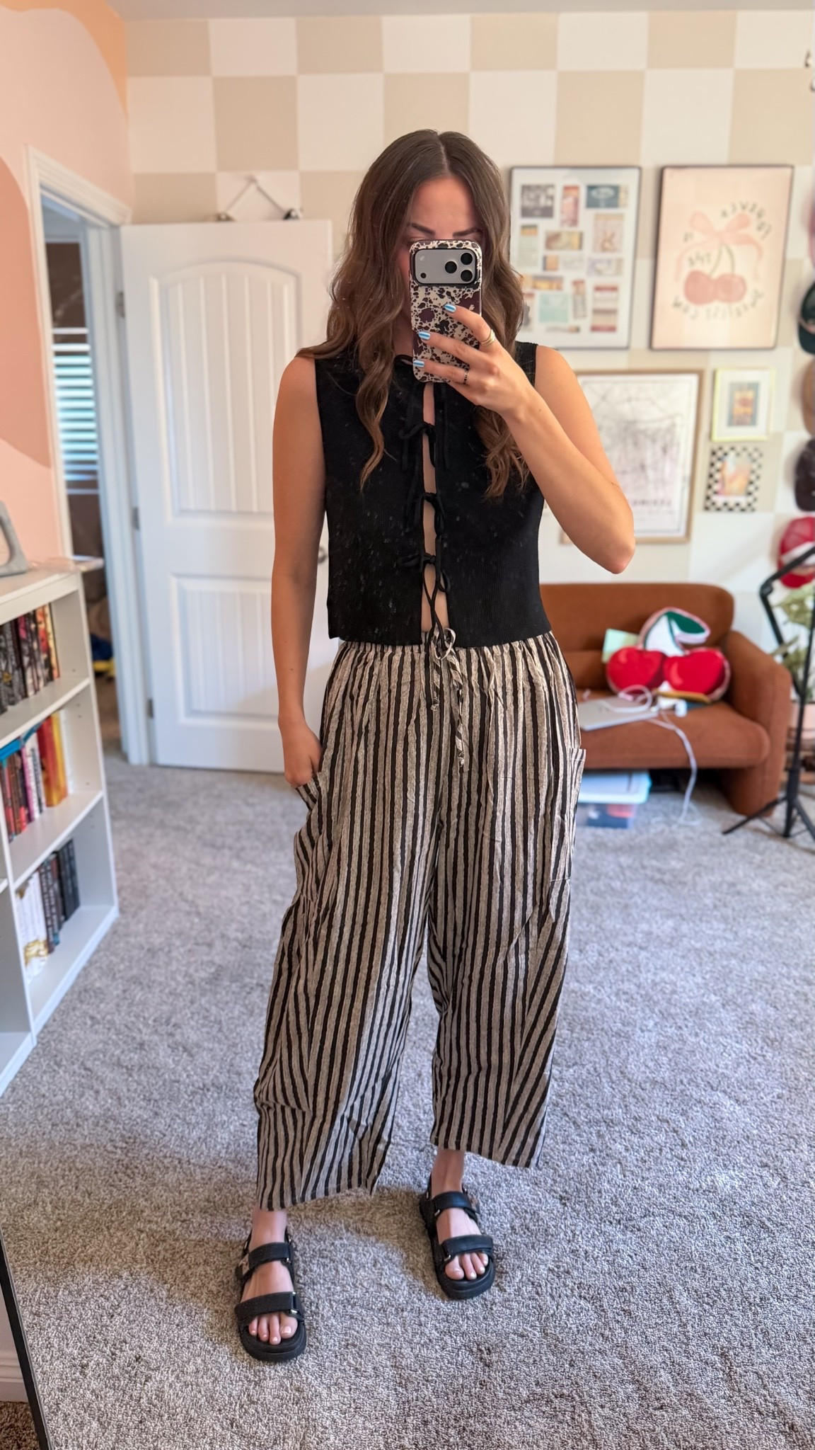 5’9” Wearing size small tie front top, medium striped barrel pants, 7 sandals

#LTKootd #LTKmomlife #LTKTall