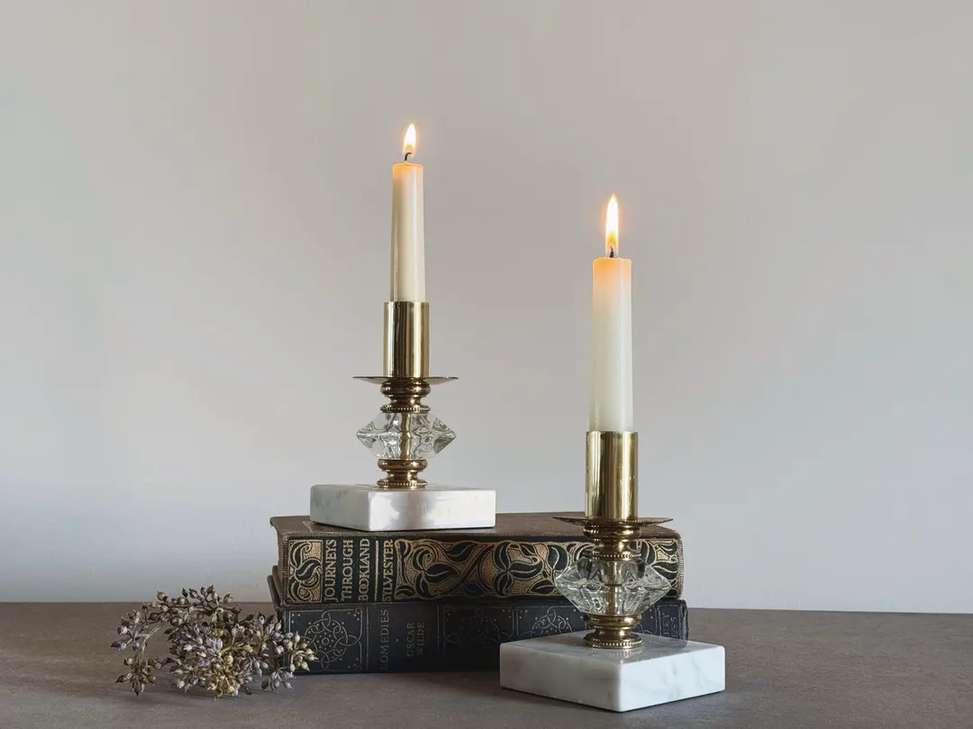 VINTAGE | Pair of Brass Marble and Glass Candle Holders | Mid Century Glam | Regency Candle Holde... | Etsy (US)