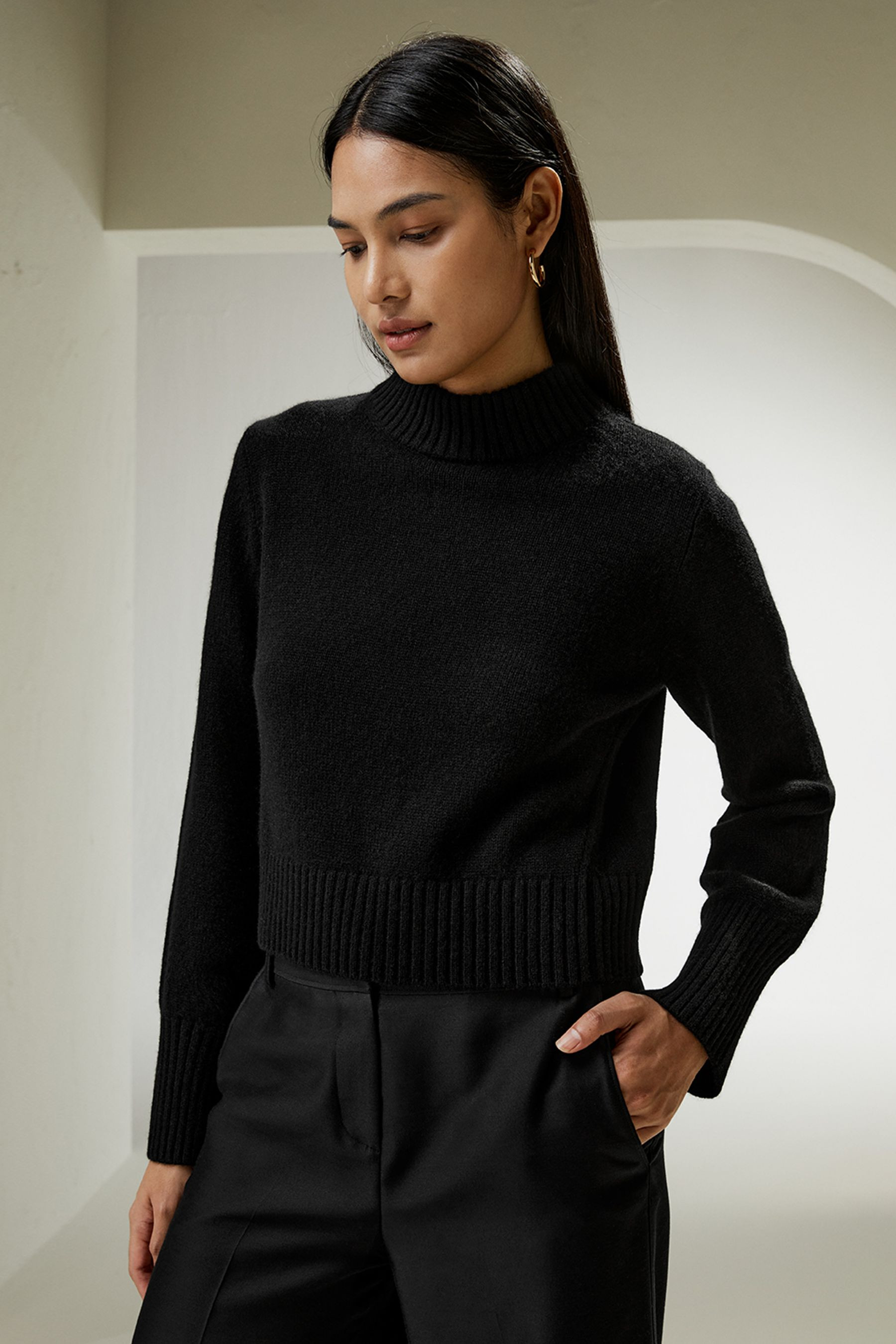 Ribbed Collar and Hemline Wool Cashmere Sweater | LilySilk