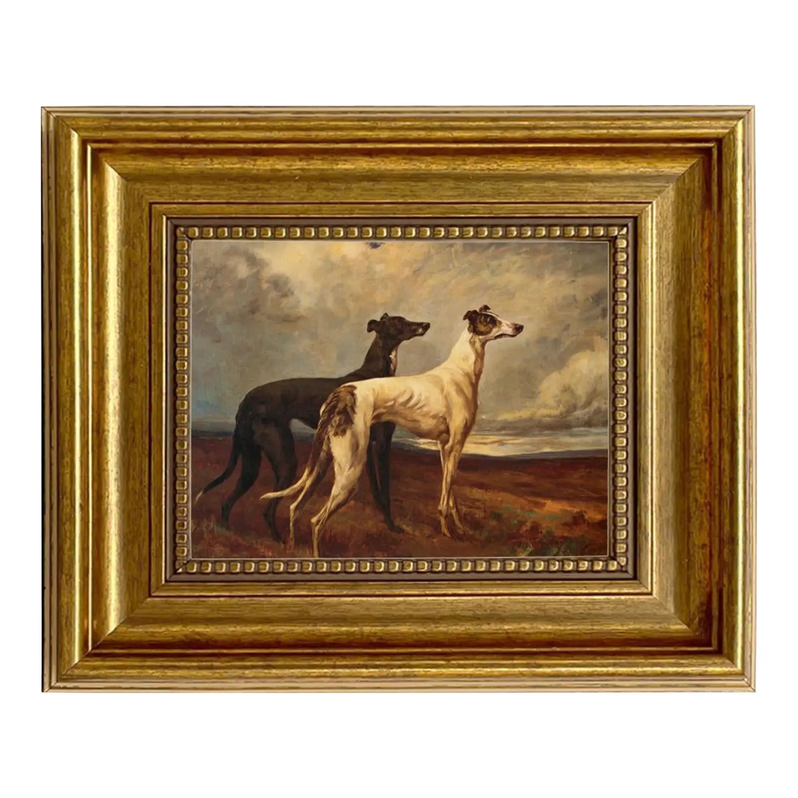 "Greyhounds in Field" Print on Canvas in Antiqued Gold Frame- 5" X 6" Framed to a 8-1/2" X 9-1/2" | Chairish