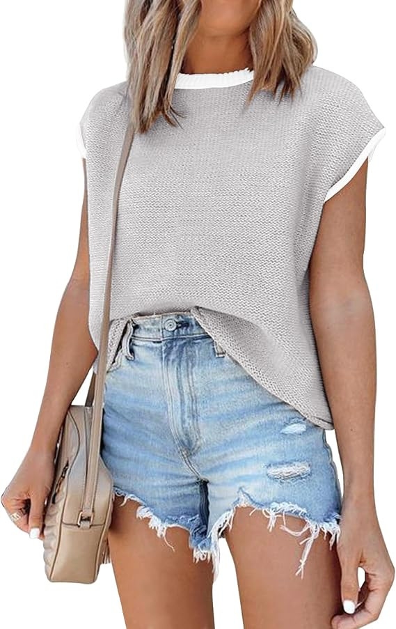 Womens Cap Sleeve Sweater Vest Summer Tops Sleeveless Tank 2026 Trendy Spring Clothes Striped Sho... | Amazon (US)