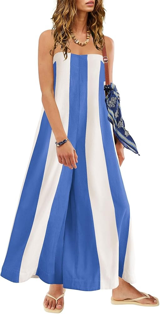 ReachMe Womens Summer Strapless Jumpsuits Striped Wide Leg Pants Romper with Pockets Travel Vacat... | Amazon (US)