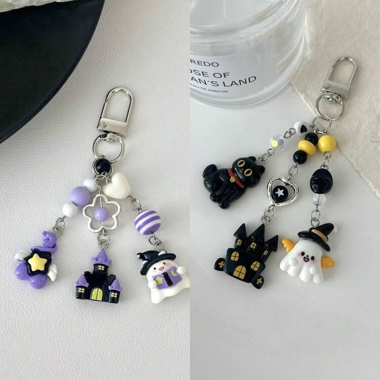 1pc Women's New Halloween Ghost Keychain Beaded Ins Style Funny Black Cat Castle Holiday Party , ... | SHEIN