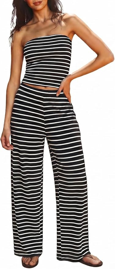 UNCOOYEE Two Piece Sets For Women Summer Outfits Lounge Sets Striped Tube Top And Pants Matching ... | Amazon (US)