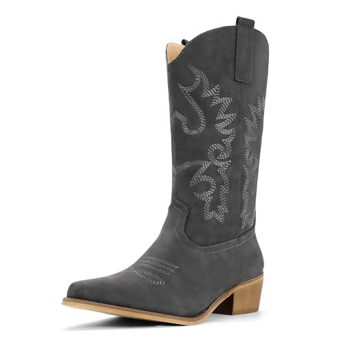 IDIFU Grey Cowboy Boots for Women Cowgirl Boots Western Boots Mid Calf Embroidered Chunky Low Heel Pointed Toe Country Boots Dress Cute Fashion Comfy Cowboy Cowgirl Boots Booties(Grey Nubuck, 6.5) | Amazon (US)