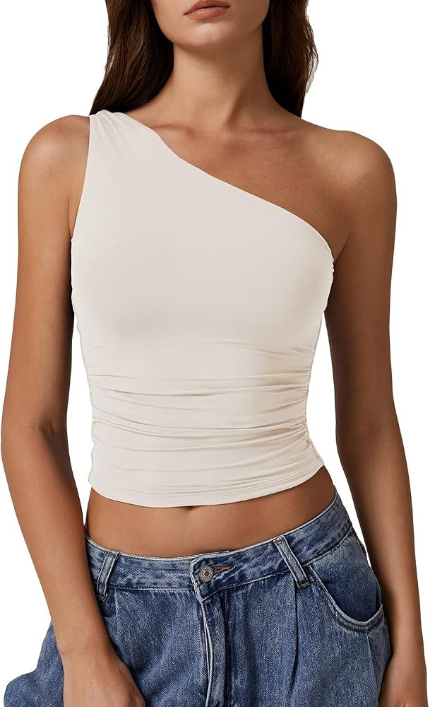 QINSEN Women's One Shoulder Tank Tops Double Lined Sleeveless Slim Fit Cropped Tee Shirt Y2k Tops | Amazon (US)