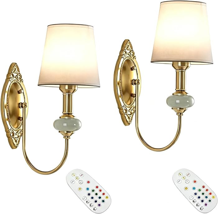 Vintage Battery Operated Wall Sconces Set of 2, Rechargeable Gold Cordless Wall Lights with Remot... | Amazon (US)