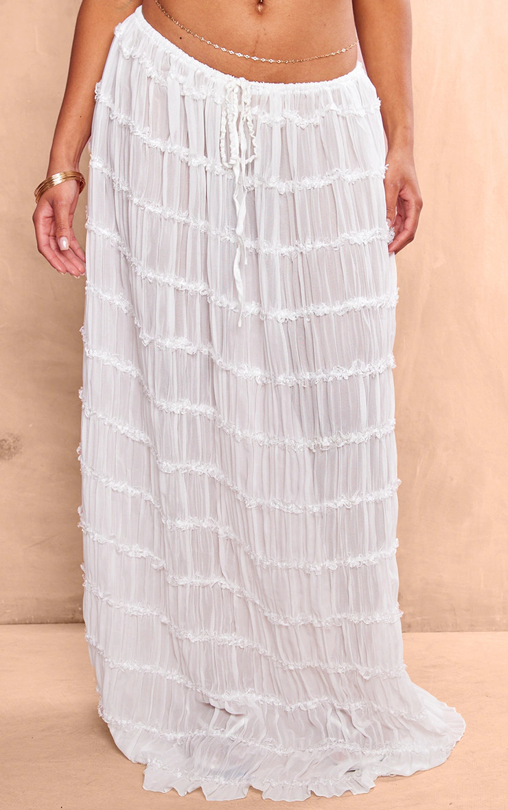 White Chiffon Ruched Frill Detail Tiered Maxi Skirt | PrettyLittleThing US