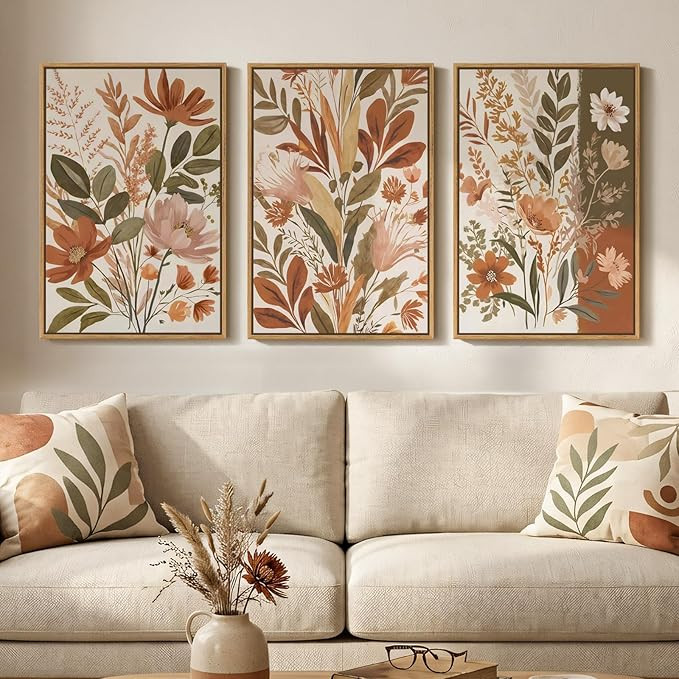 Framed Vintage Botanical Wall Art for Living Room Decor, 3 Piece Boho Warm Neutral Terracotta Flo... | Amazon (US)