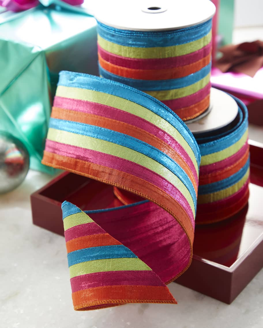 D. Stevens Metallic Dupion Striped Ribbon, 4"W x 10 Yards | Neiman Marcus