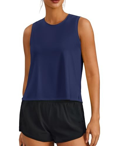 PINSPARK Cropped Womens Tank Tops Loose Fit Ice Silk Workout Tops for Gym Running Tennis Pilates Pickleball Yoga,Navy Blue Medium | Amazon (US)