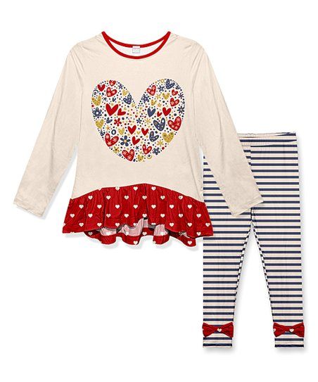 Beige Hearts Ruffle Tunic & Navy Stripe Bow Pants - Toddler & Girls | Zulily