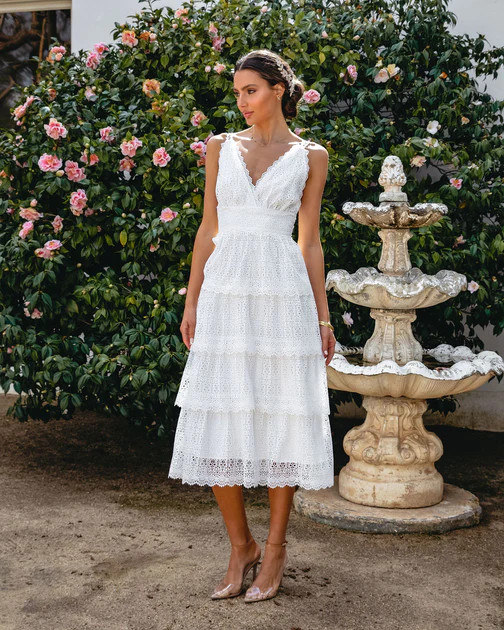 At Last Crochet Lace Tiered Midi Dress - White | VICI
