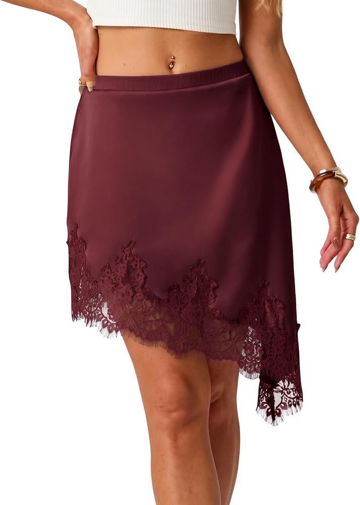 High Low Hem, A Line Skirt with Shorts, Silk Skirt with Lace Hem, Trendy High Waisted Skorts, Dre... | Amazon (US)