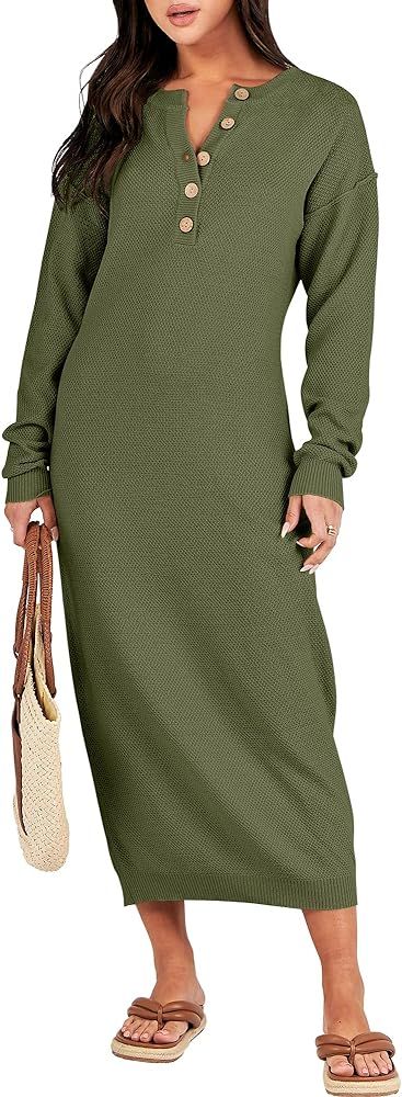 ANRABESS Women Long Sleeve Button V Neck Oversized Casual Loose Fit Waffle Knit Fall Midi Sweater... | Amazon (US)