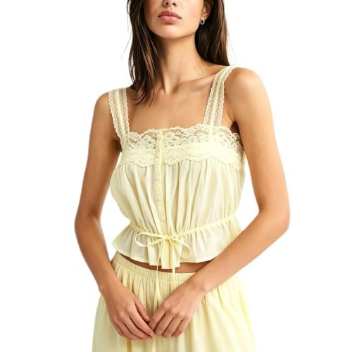 Women Y2K Solid Color Semi Sheer Tank Top Cute Lace Patchwork Button Down Vest Summer Going Out Babydoll Camisole(Yellow, S) | Amazon (US)