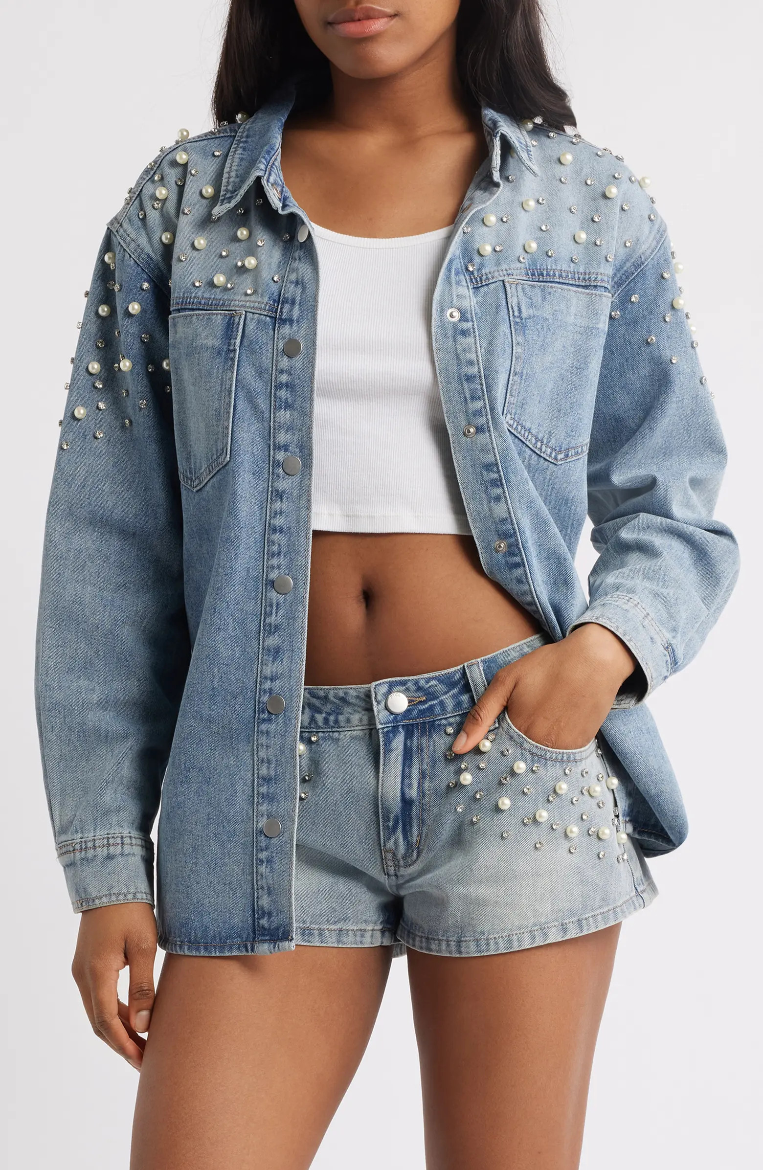 Delilah Imitation Pearl & Rhinestone Denim Jacket | Nordstrom