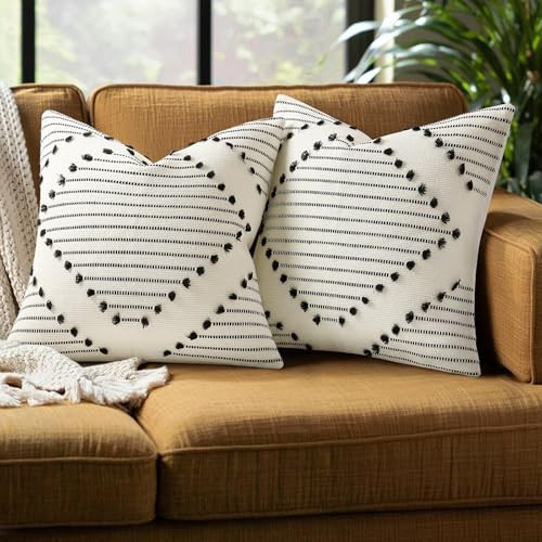 Mecatny Boho Summer Outdoor Throw Pillow Covers 18X18 Set of 2, Farmhouse Decorative Pillow Covers for Couch Sofa Living Room, Beige & Black | Amazon (US)