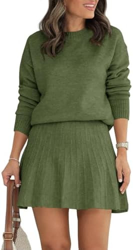 Tankaneo Womens Skirt 2 Piece Sweater Set Long Sleeve Crewneck Sweaters Pleated Mini Skirt Knit L... | Amazon (US)