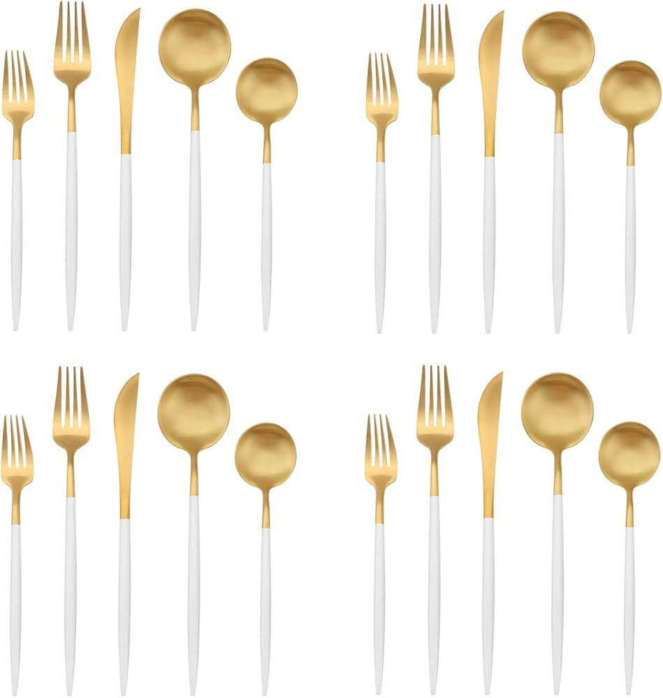 Matte Gold Silverware Set with white handle, Bysta 20-Piece Stainless Steel Flatware Set, Kitchen... | Amazon (US)