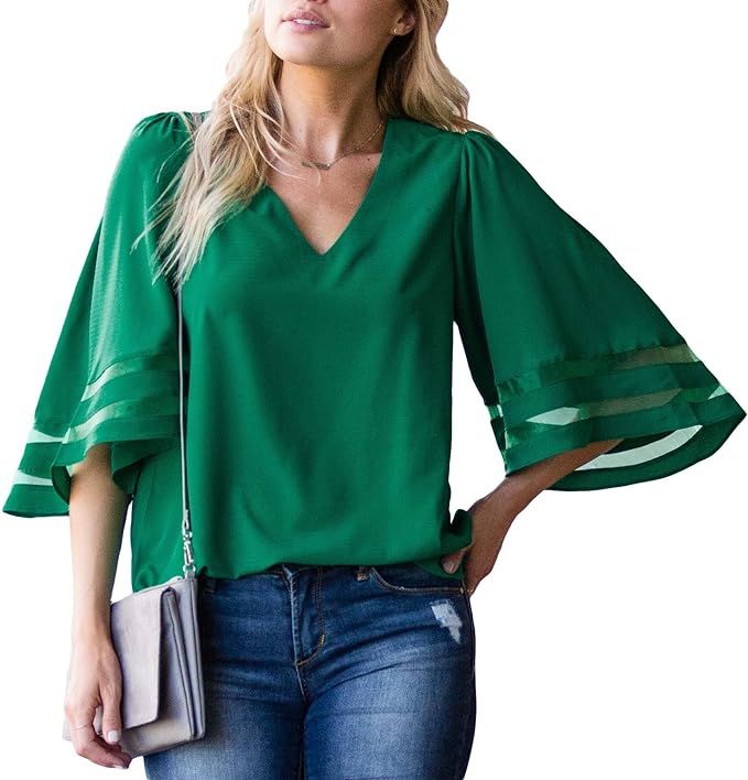 Amaryllis Apparel Women's Mesh-Inset Bell-Sleeve V-Neck Blouse | 100% Polyester | Amazon (US)