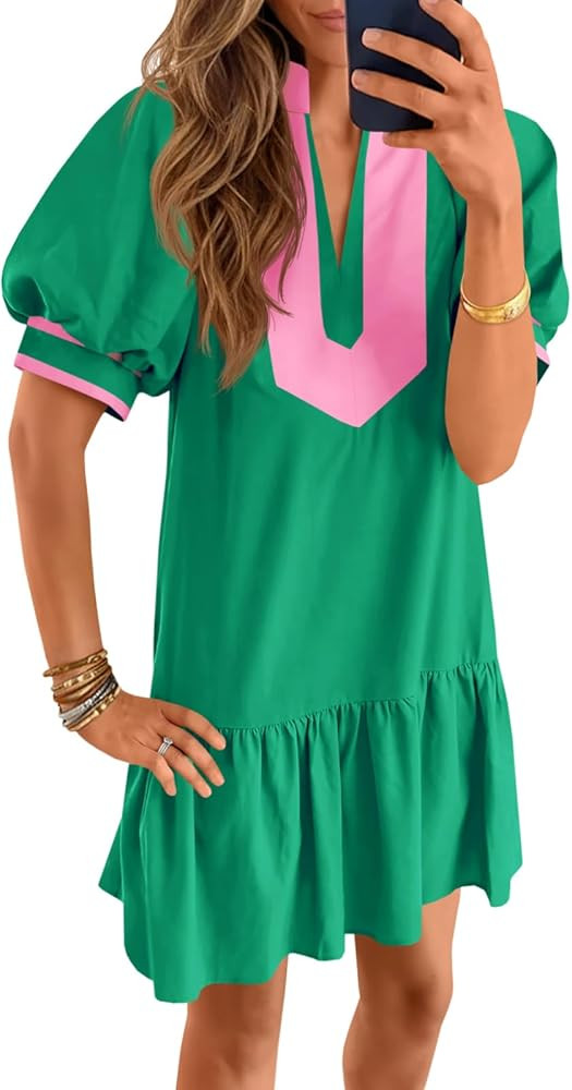 Wenrine Womens Summer Mini Dress Casual Short Puff Sleeve V Neck Color Block Loose Beach A Line D... | Amazon (US)