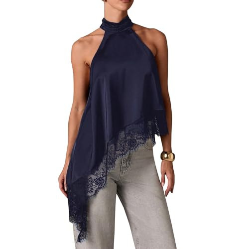Women Y2K Halter Mock Neck Tank Tops Lace Trim Asymmetrical Going Out Tops Sleeveless Flowy Satin Silk Top (Halter Deep Blue, S) | Amazon (US)