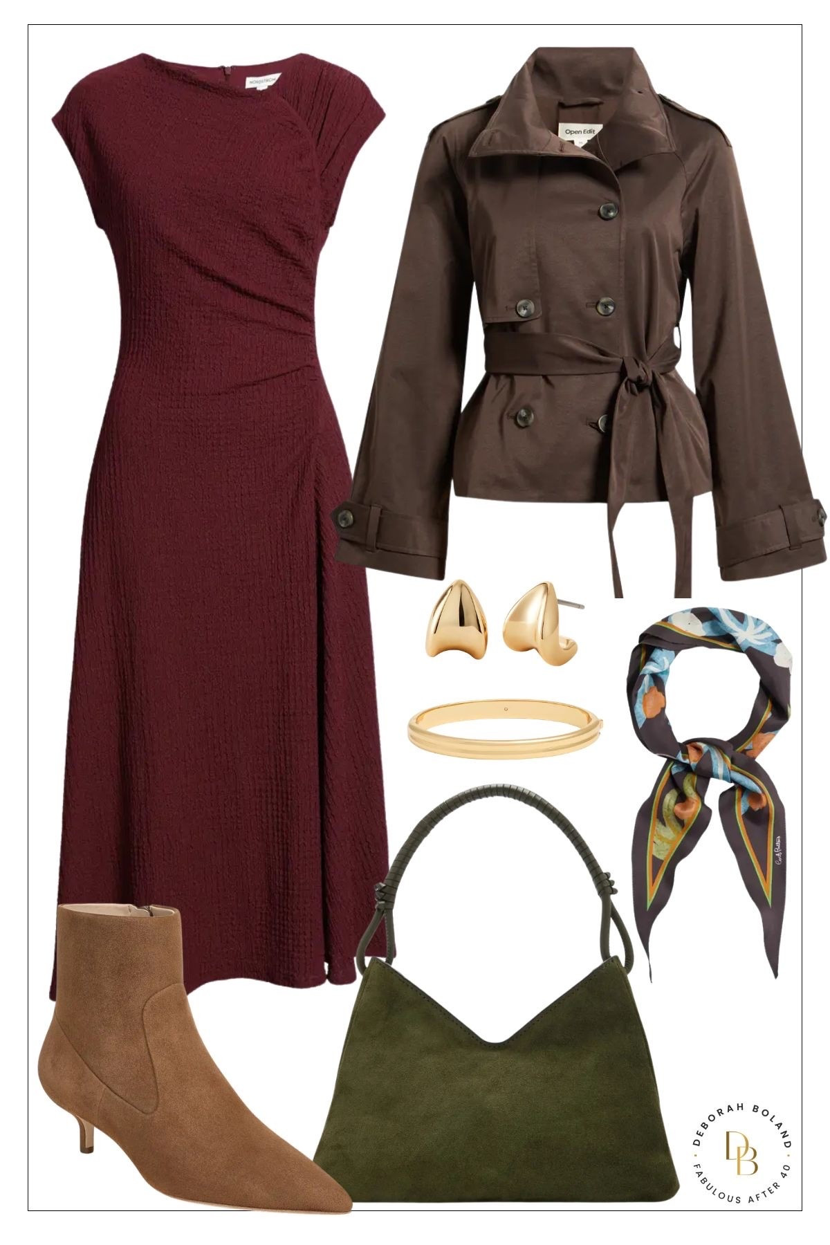 This outfit is proof that the little details can make all the difference. 🤎❤️

A simple burgundy jersey dress is one of those pieces I know I’ll wear on repeat, but adding a cropped trench jacket, soft beige booties, an olive green suede bag, and a patterned neck scarf gives it so much personality.

#LTKSaleAlert #LTKOver40 #LTKSeasonal