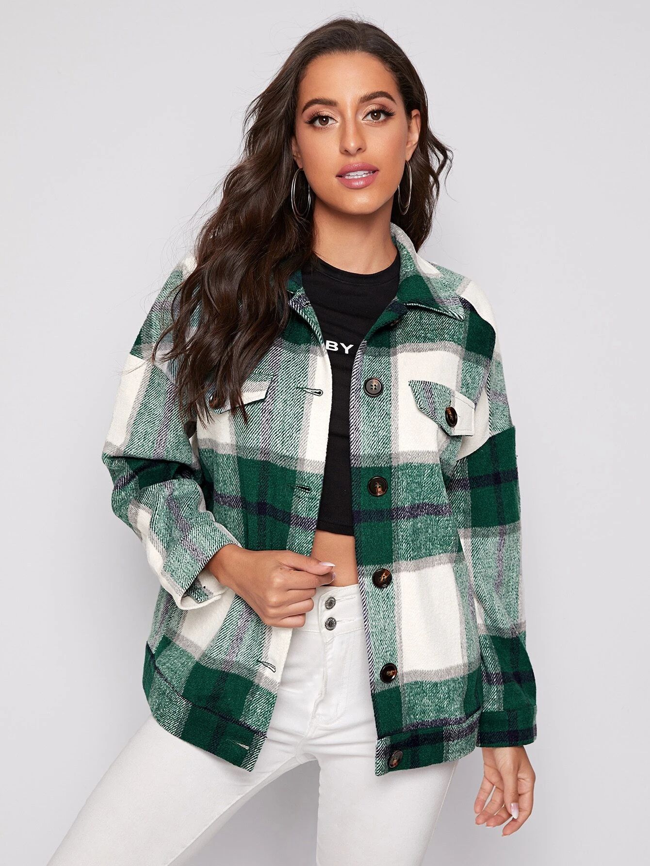 SHEIN Flap Detail Drop Shoulder Plaid Coat | SHEIN