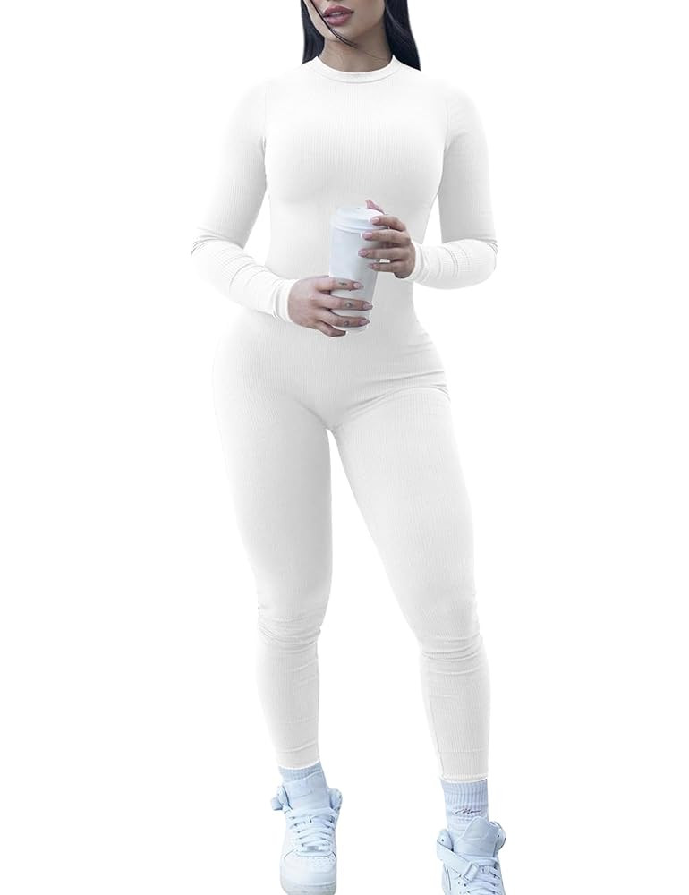 VASAUGE Women's Sexy One Piece Long Sleeve Jumpsuits Ribbed Crew Neck Club Rompers | Amazon (US)