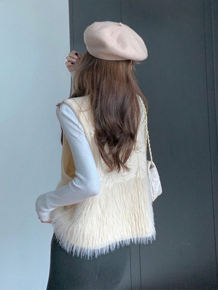 Solid Button Front Fluffy Knit Sweater Vest | SHEIN