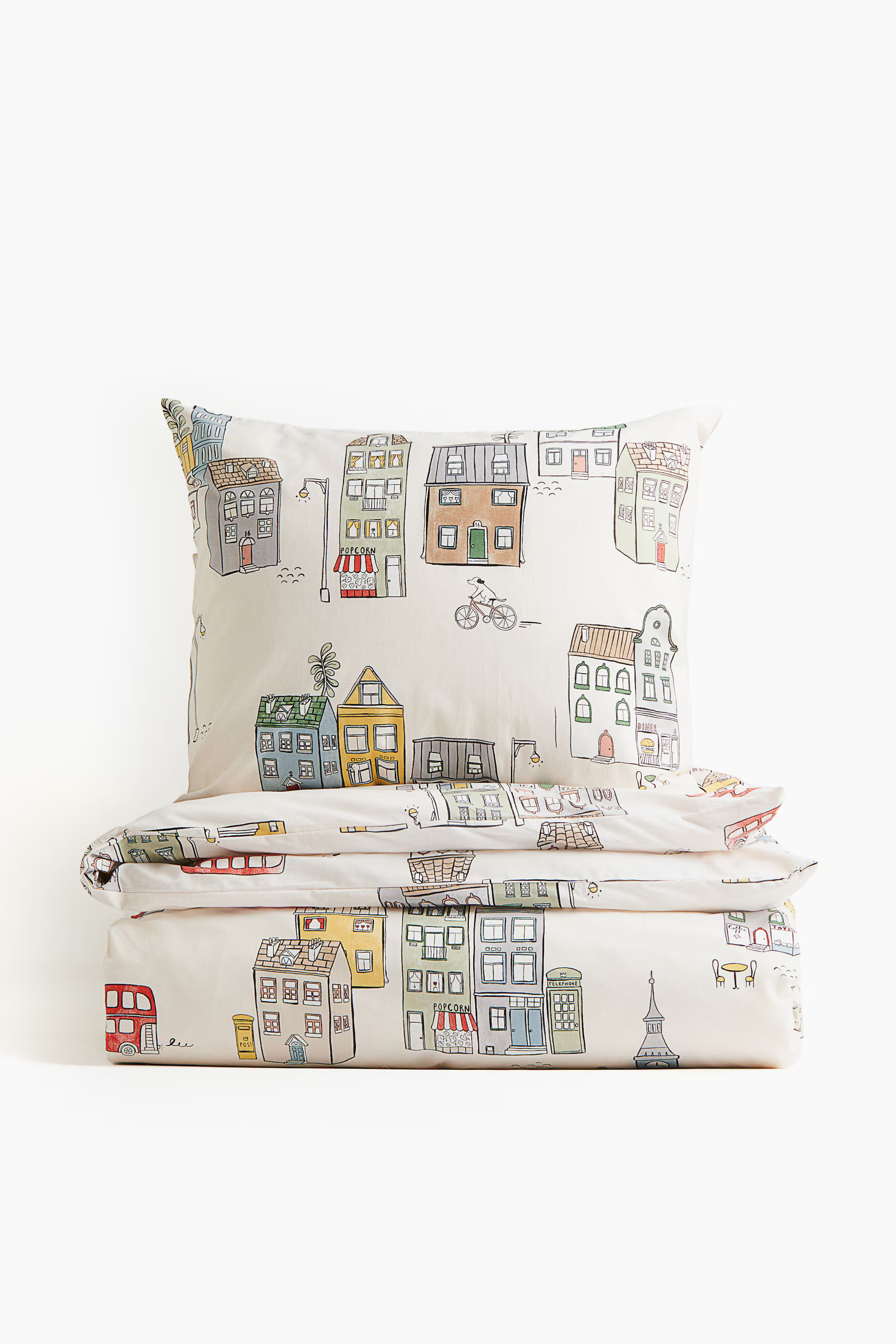 Patterned single duvet cover set - Light beige/Town - Home All | H&M GB | H&M (UK, MY, IN, SG, PH, TW, HK)