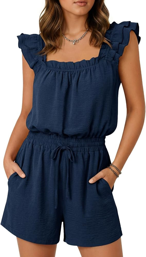 Women Ruffle Sleeveless Rompers One Piece Drawstring Waist Short Jumpsuit | Amazon (US)