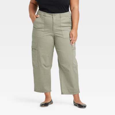 Women's Mid-Rise Barrel Leg Cargo Pants - Universal Thread™ Olive Green 4: Cotton Twill, Ankle Length | Target