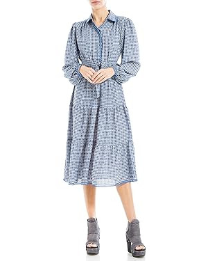 Max Studio Women's Long Sleeve Collared Waist Front Tie Tiered Midi Shirt Dress | Amazon (US)