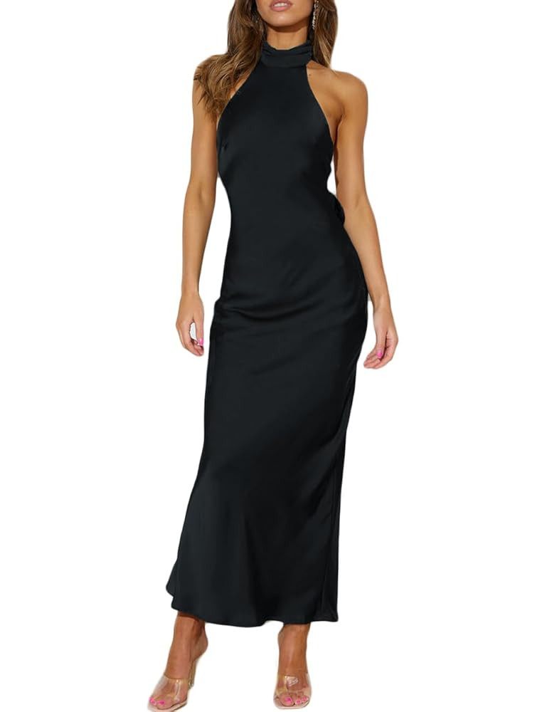 Phicia Sexy Satin Halter Neck Backless Maxi Dress for Women Elegant Tie Cowl Back Formal Wedding ... | Amazon (US)