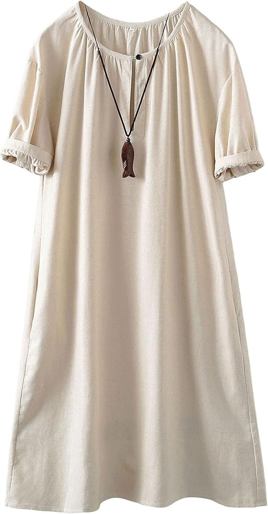 Minibee Women's Cotton Linen Dress Short Sleeve Midi Casual Plus Size Tunic Dress with Pockets | Amazon (US)