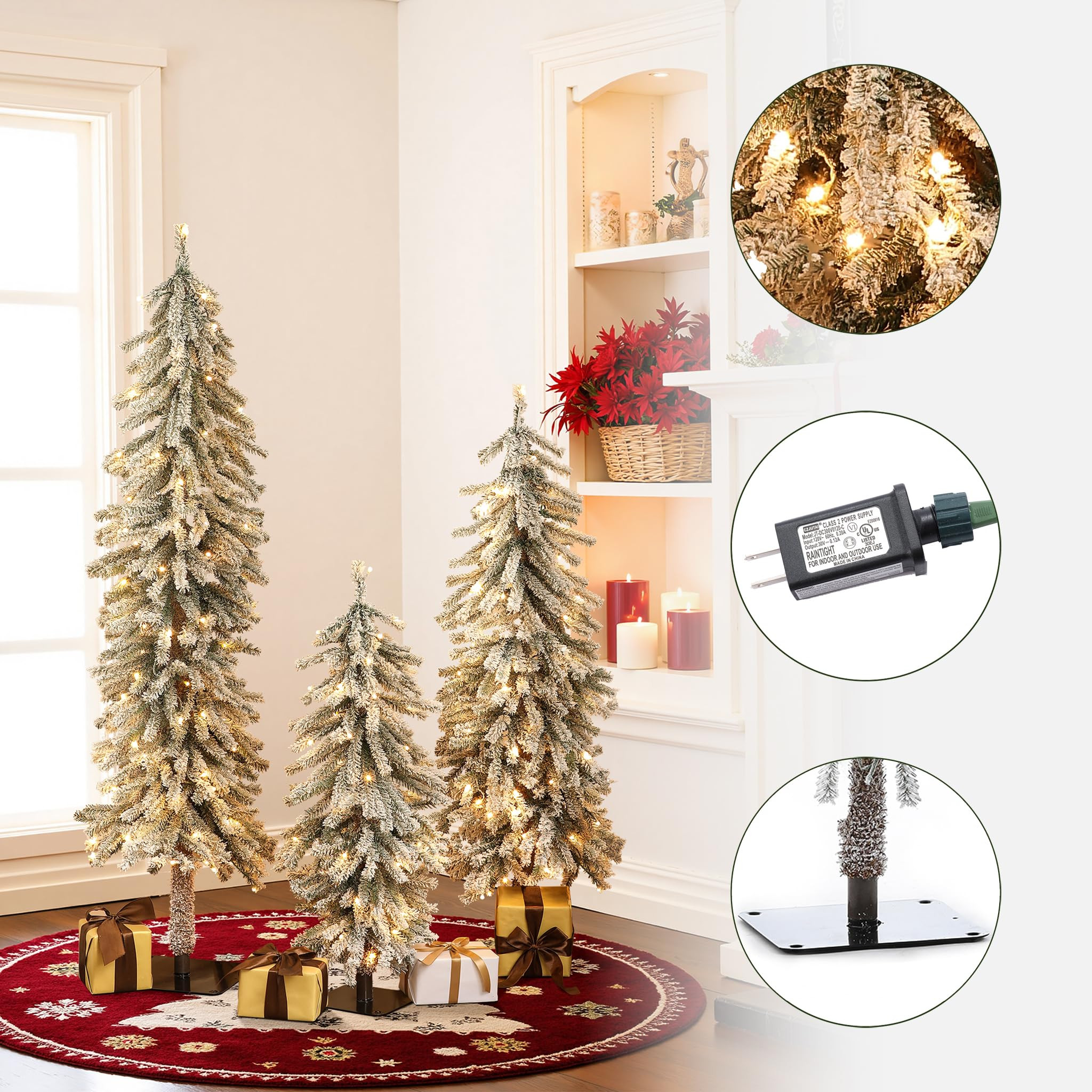 LuxenHome Set of 3 Slim Flocked Christmas Tree, 3’ 4’ 5’ Prelit Fir Small Christmas Tree wi... | Amazon (US)