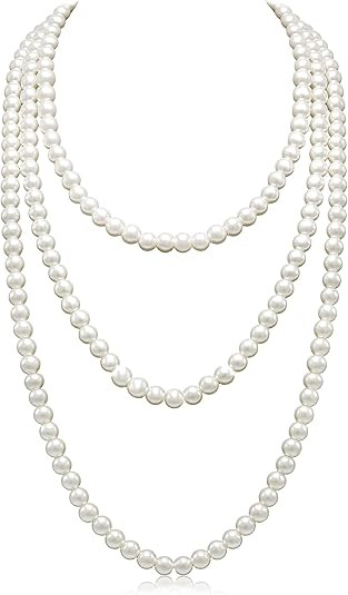 Long Pearl Necklaces for Women Cream White Faux Pearl Strand Layered Necklace Costume Jewelry | Amazon (US)