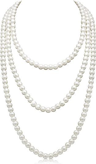 Long Pearl Necklaces for Women Cream White Faux Pearl Strand Layered Necklace Costume Jewelry | Amazon (US)