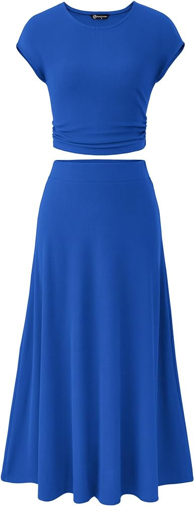 PRETTYGARDEN Womens 2 Piece Casual Knit Short Sleeve Crop Top High Waist Midi Skirt Set | Amazon (US)
