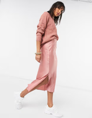 ASOS DESIGN bias cut satin midi skirt in rose | ASOS (Global)