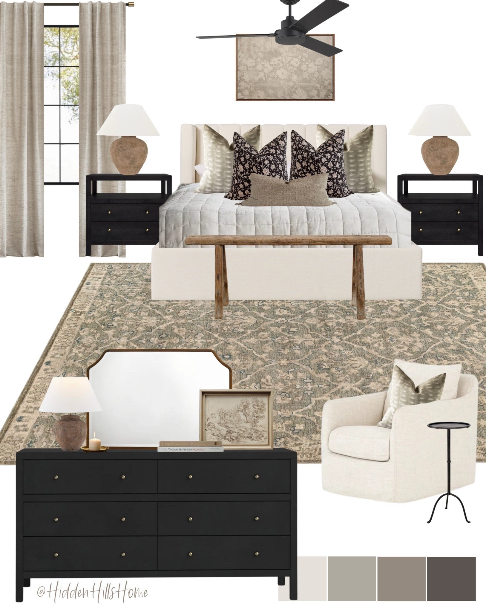 Master bedroom decor, bedroom design ideas, bedroom inspiration, bedding, bedroom rug, nightstands, cozy bedroom mood board, upholstered bed, curtains, dresser decor #primarybedroom

#LTKHome #LTKSaleAlert #LTKSeasonal